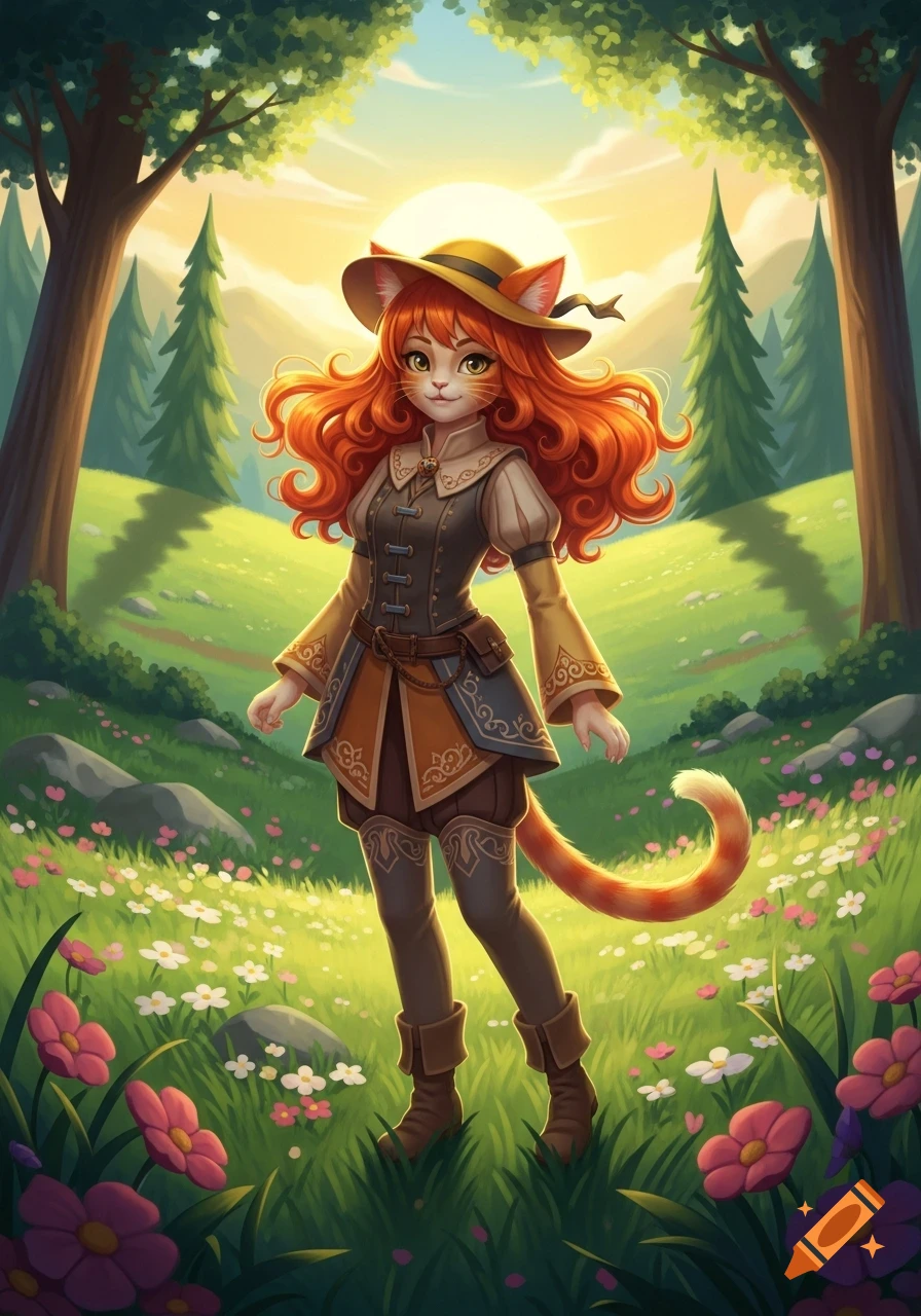 An orange-haired catgirl in a yellow hat and fantasy attire stands in a vibrant, flowery forest clearing.