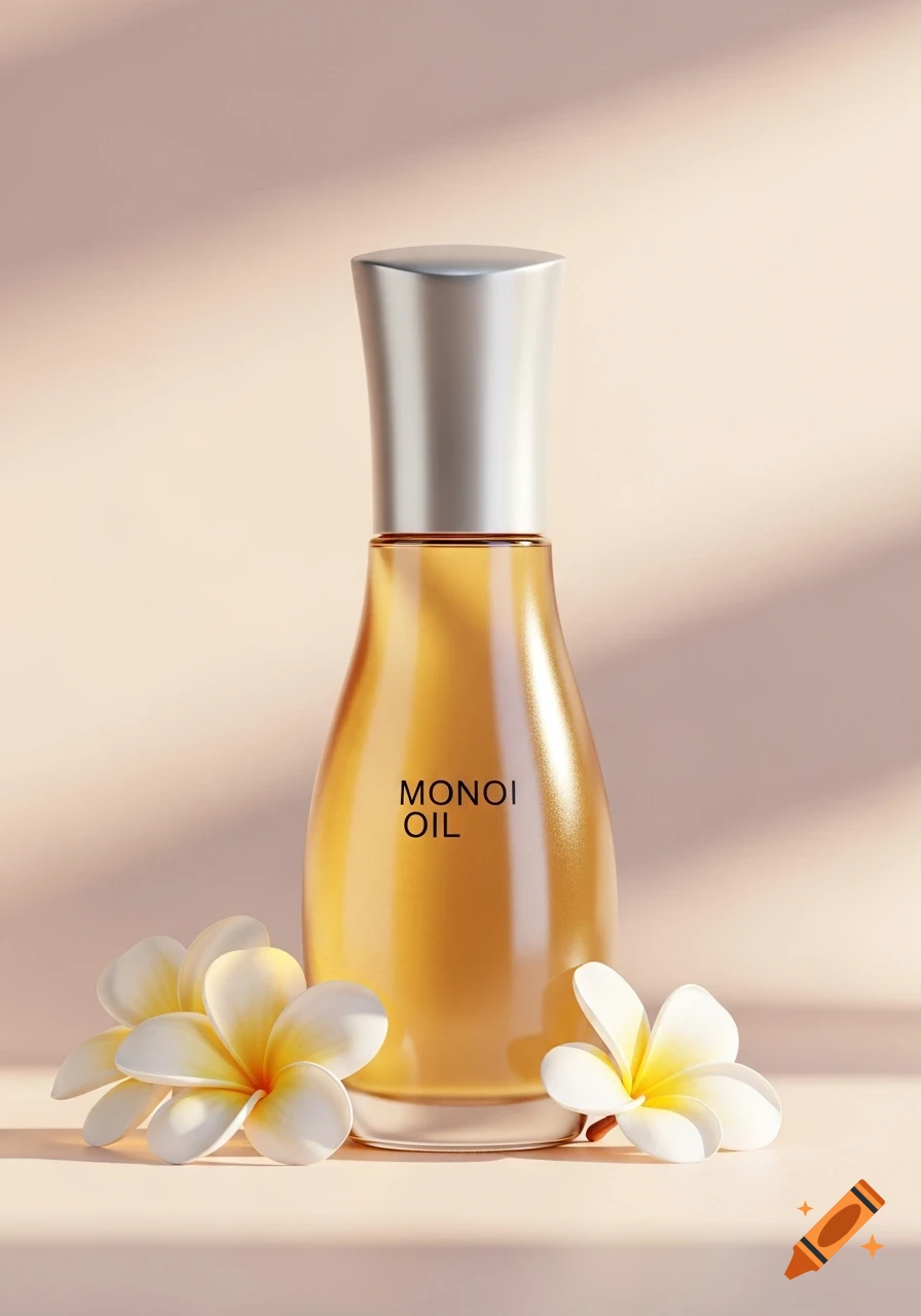 A modern bottle of monoi oil with a silver cap, surrounded by white plumeria flowers on a soft pink background.