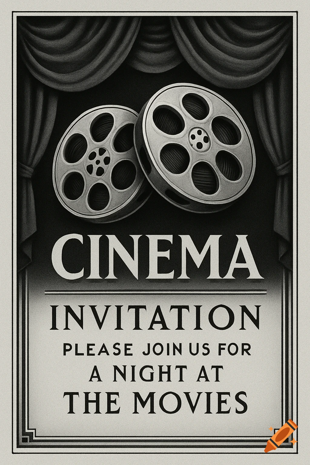 A black and white vintage-style poster invitation for cinema, featuring two film reels above text on a stage curtain background.
