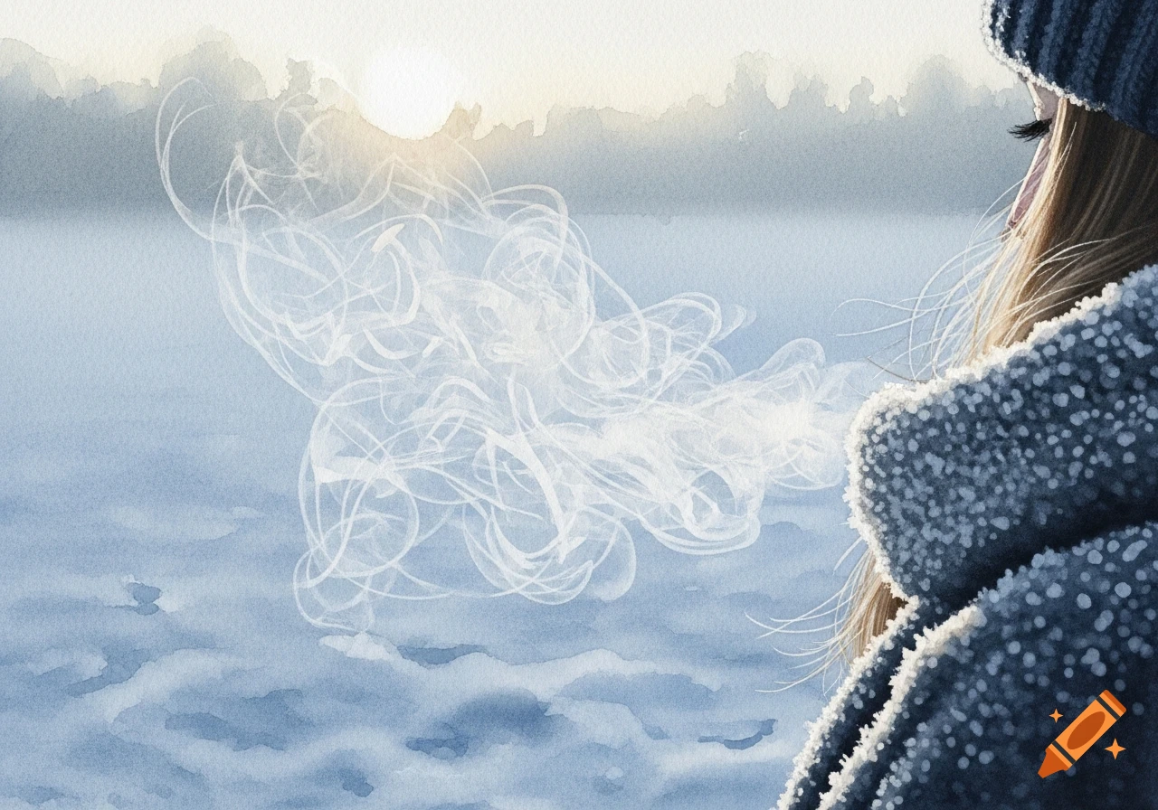 Watercolor of a person's breath in cold winter air, with the morning sun.