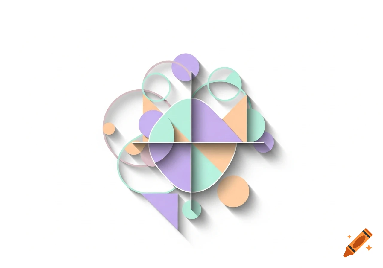 Abstract graphic design with overlapping pastel geometric shapes including circles, triangles, and rectangles, casting shadows.