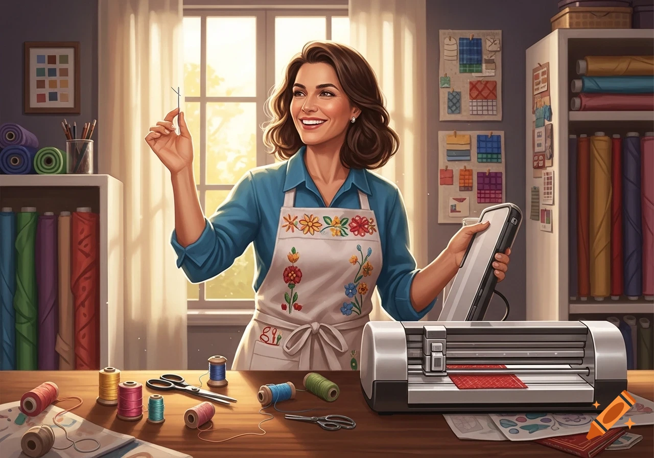 A happy woman holds a sewing needle and operates a cutting machine in a sunny crafting room filled with fabrics and thread.