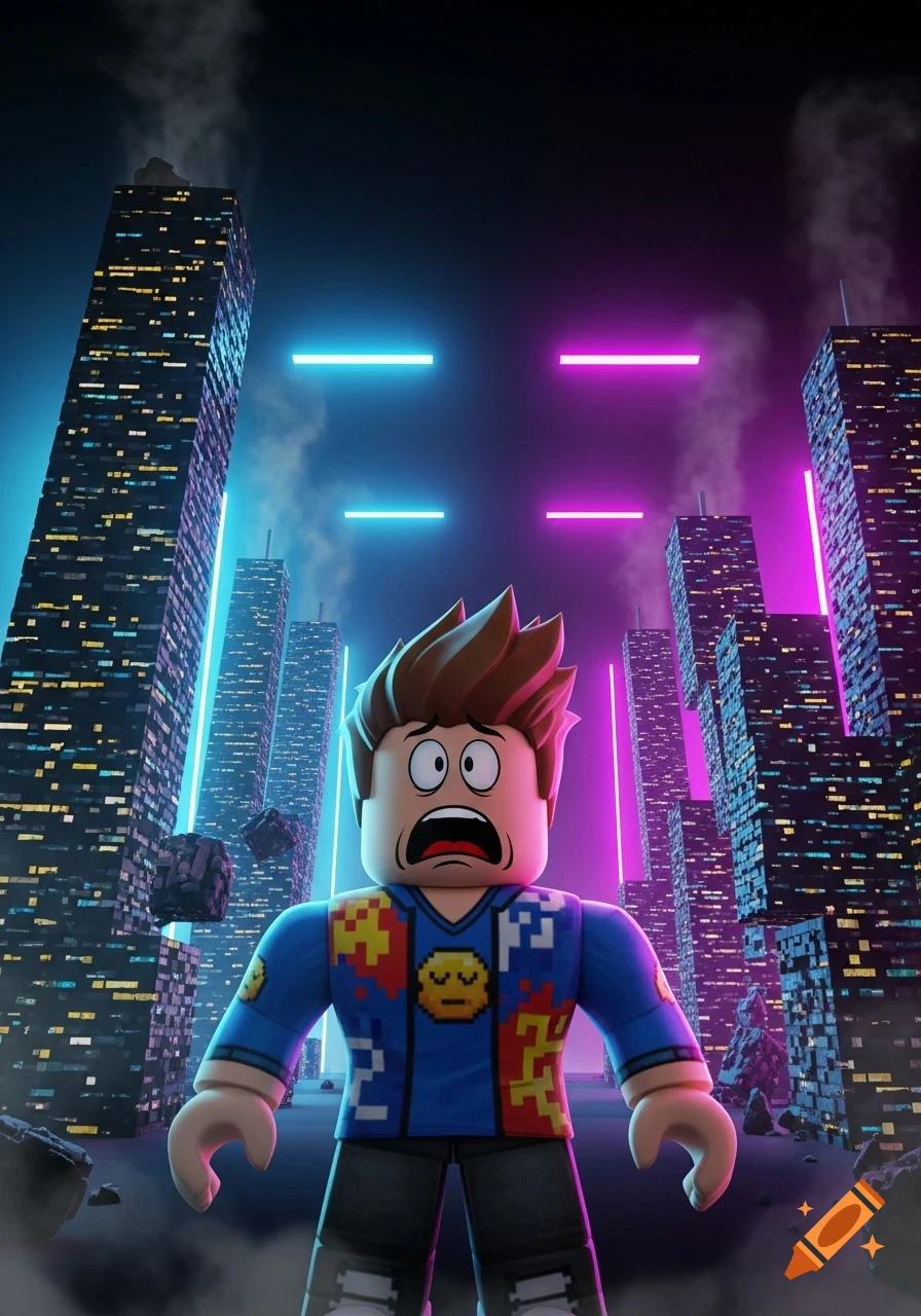 A scared Roblox character stands in a futuristic city at night with neon lights and floating debris, in a 3D digital art style.
