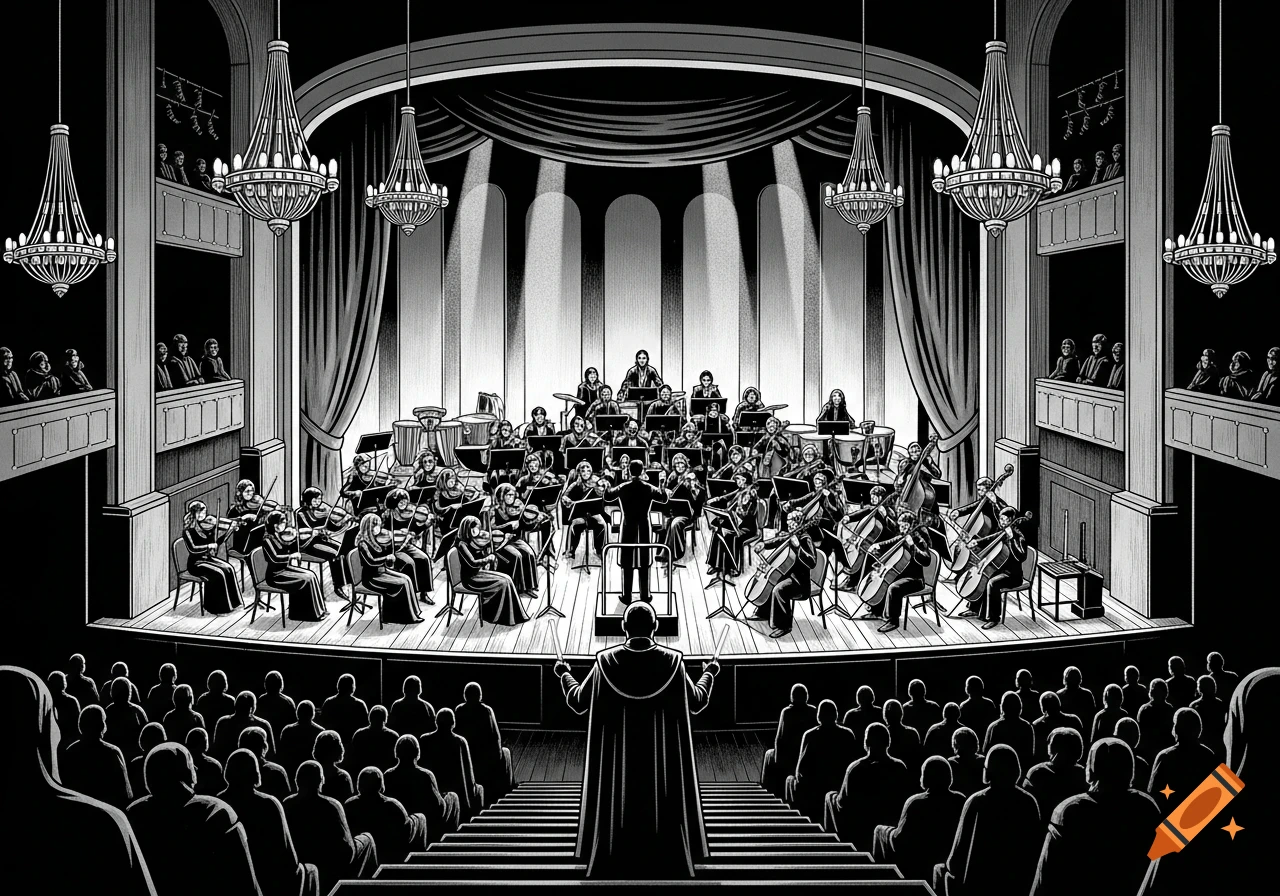 Black and white drawing of a large orchestra with a conductor on stage, viewed from the audience in a grand concert hall.