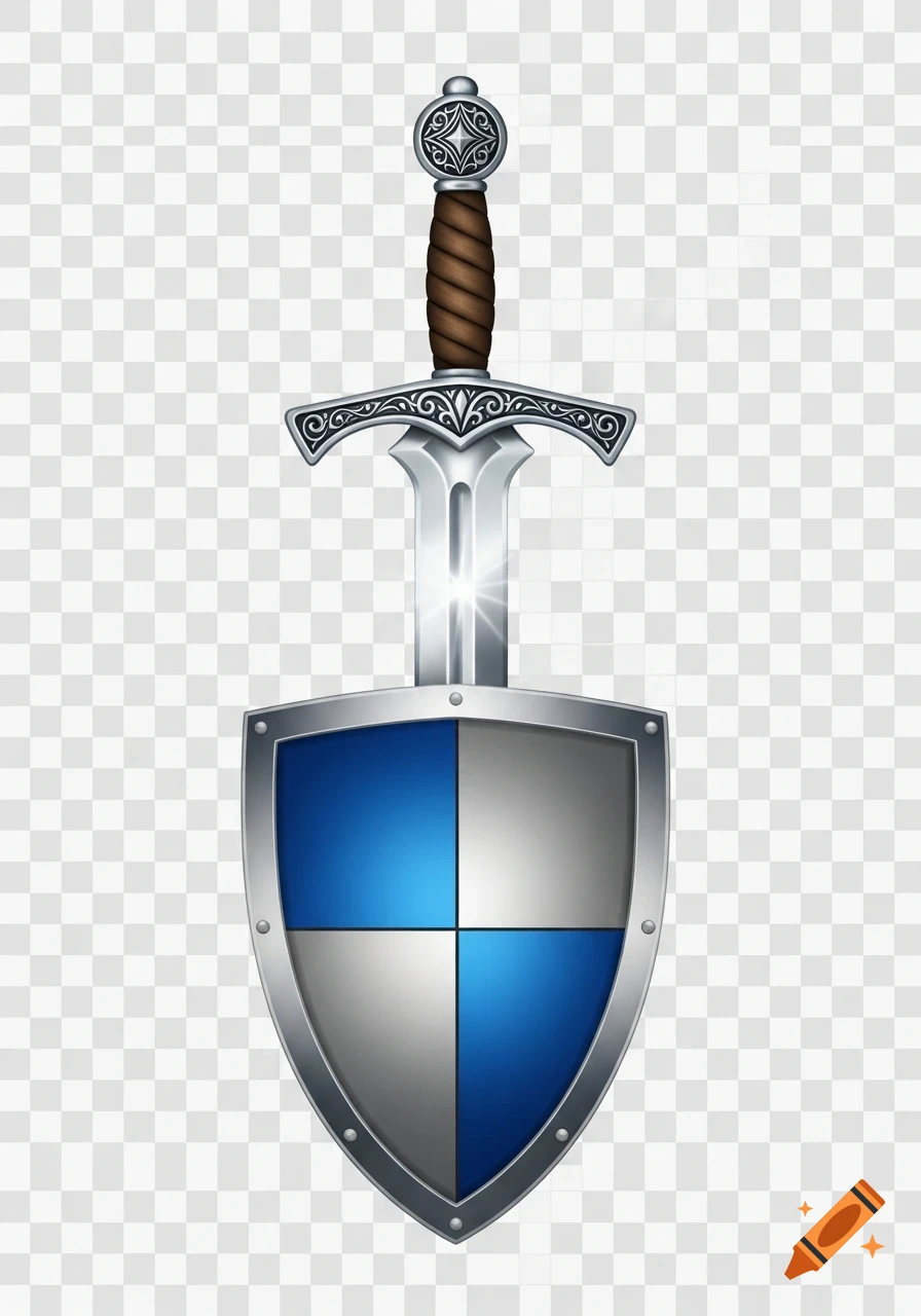 A detailed silver sword with a brown hilt placed vertically over a blue and silver quartered shield, in a clipart style.