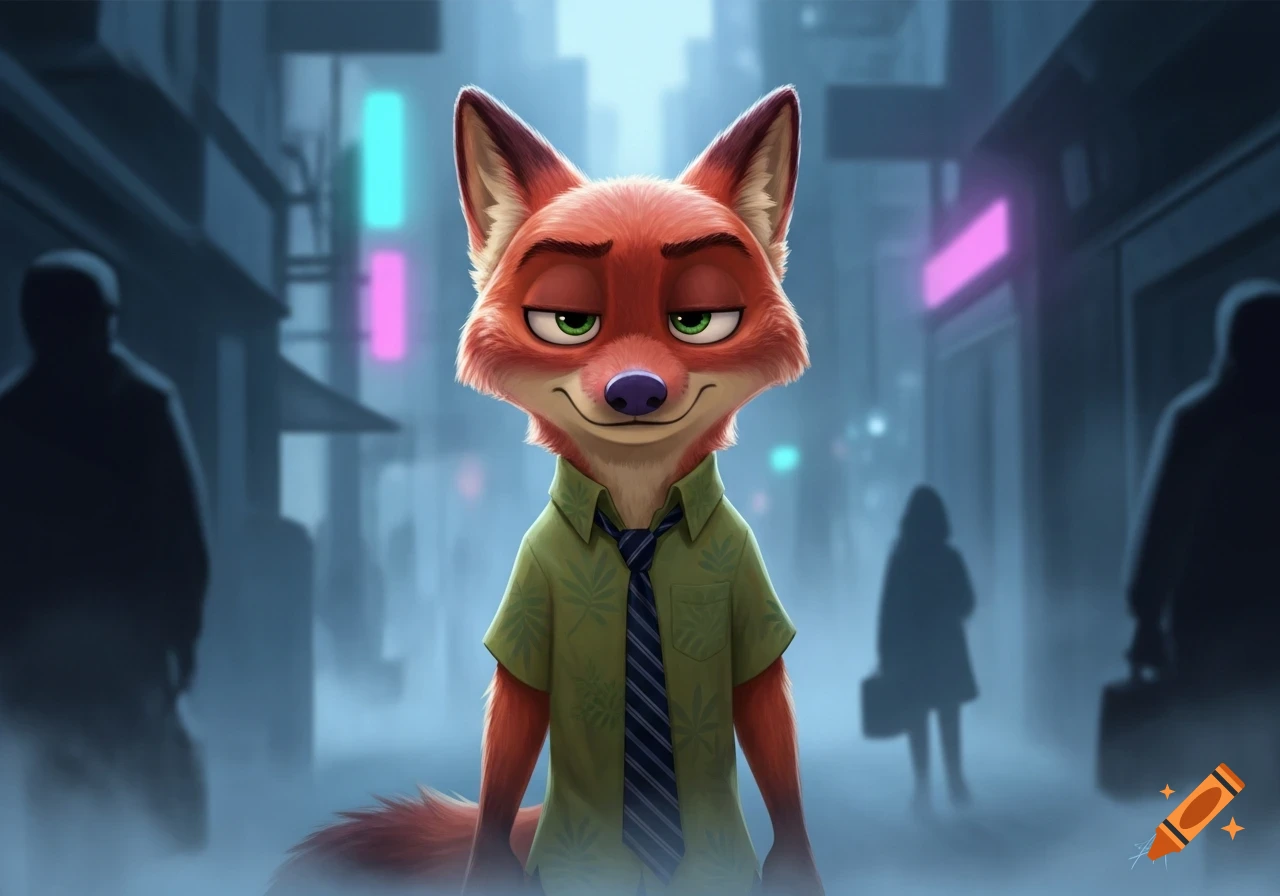 Nick Wilde from Zootopia, with a smug expression, wearing a green Hawaiian shirt and tie, stands in a foggy, neon-lit city street.