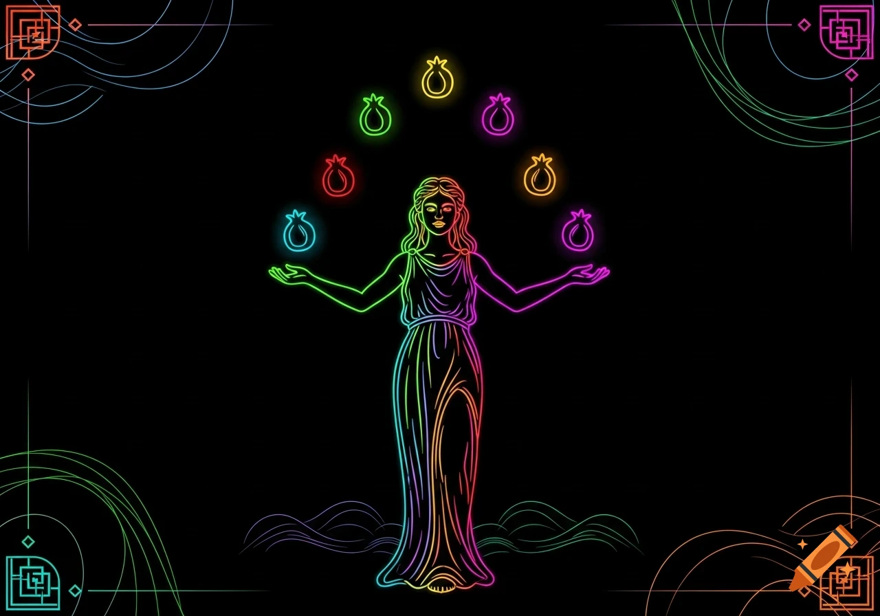 Glowing neon line-art of goddess Kore with open arms, surrounded by six orbiting pomegranates on a black background.