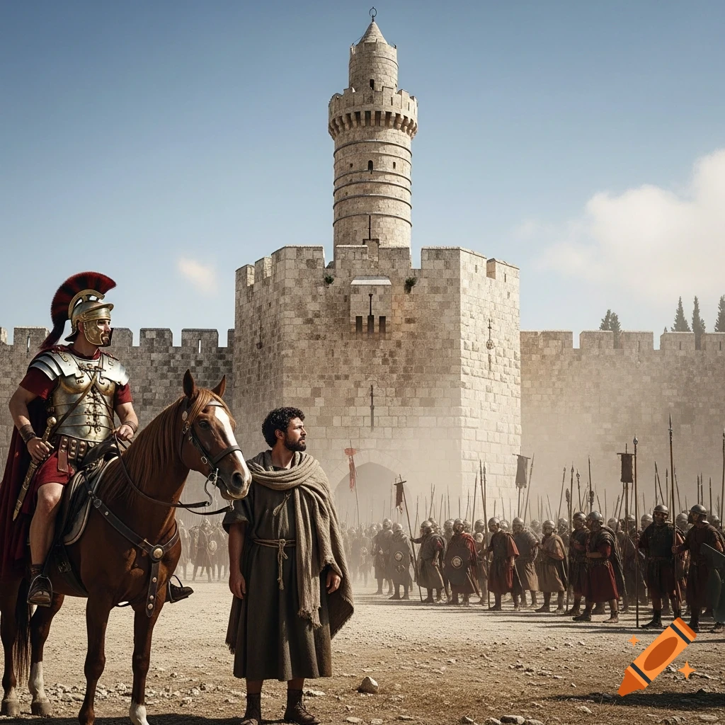 Photorealistic Roman general on horseback and robed man face a fortified ancient city wall with a tall tower, army in background.