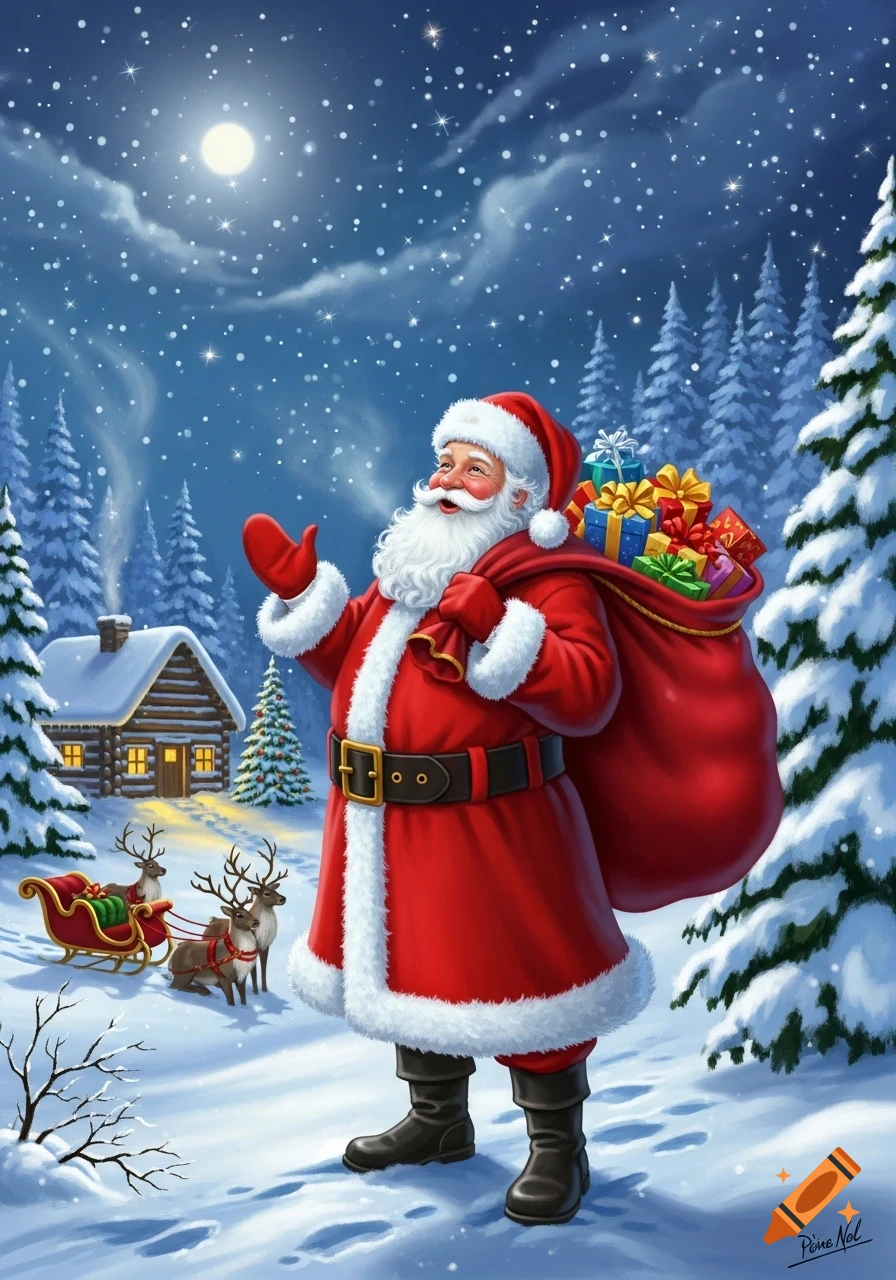 Jolly Santa Claus stands in a snowy forest at night with a full sack of gifts, a log cabin, and reindeer pulling a sleigh in the background.