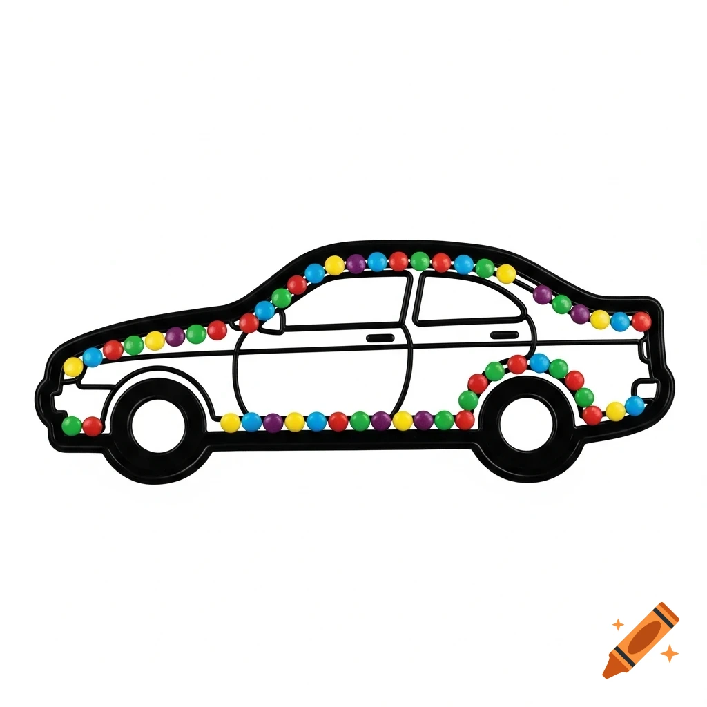 Simple black outline drawing of a car from a side view, decorated with a string of colorful candies.
