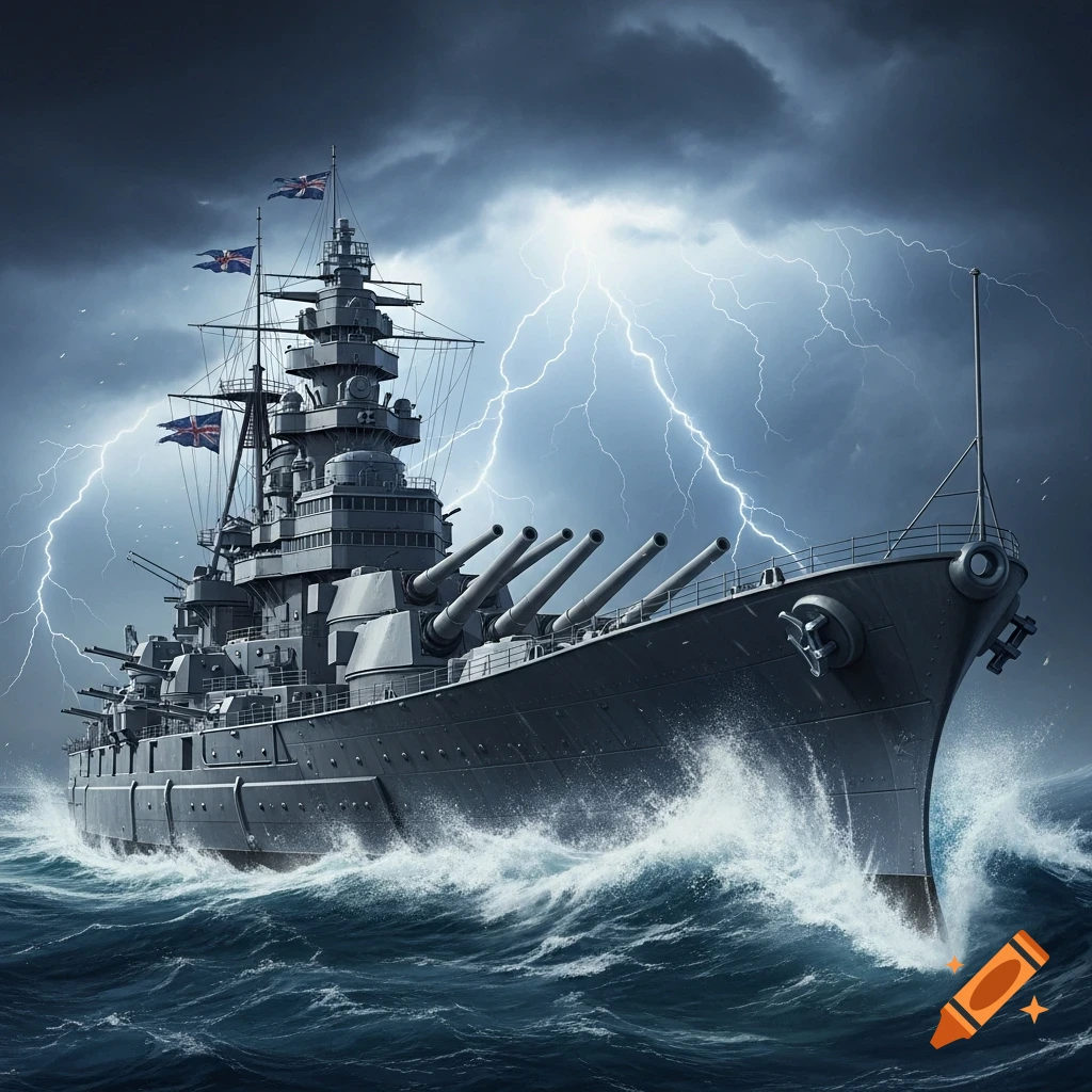 A photorealistic battleship with multiple large guns navigates rough, stormy seas under a dark, lightning-filled sky.