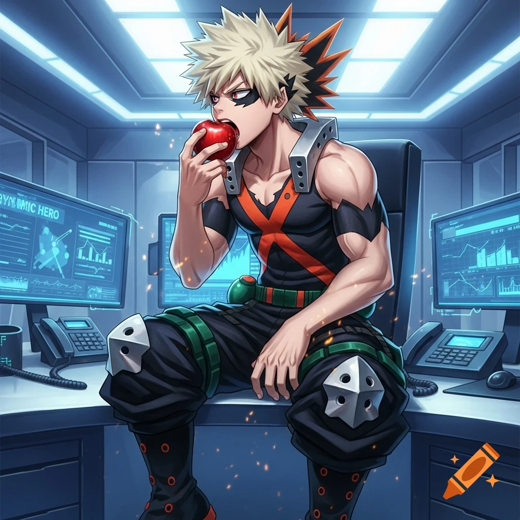 Bakugou from My Hero Academia sits on a desk in a futuristic control room, eating a red apple.
