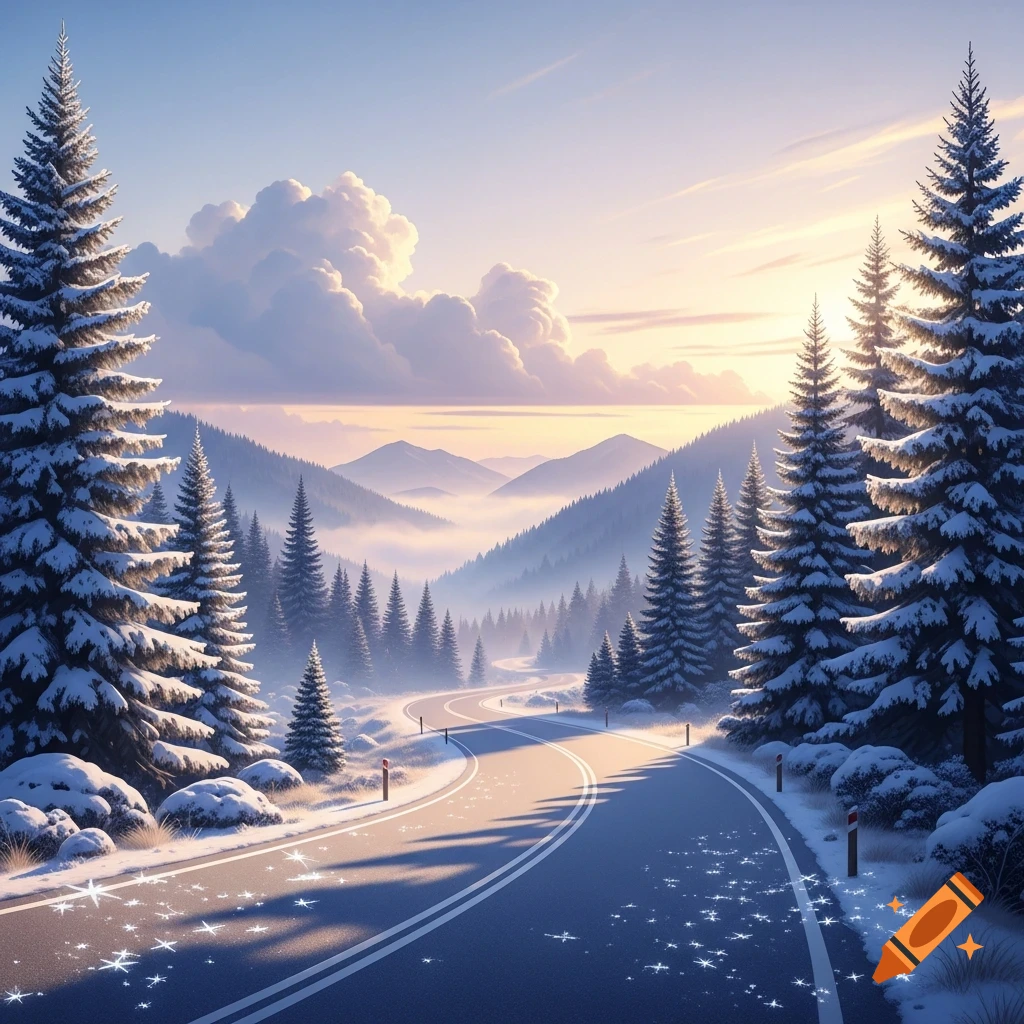 Snowy mountain road winding through pine forests at sunrise with misty mountains in the distance and sparkling snow on the ground.