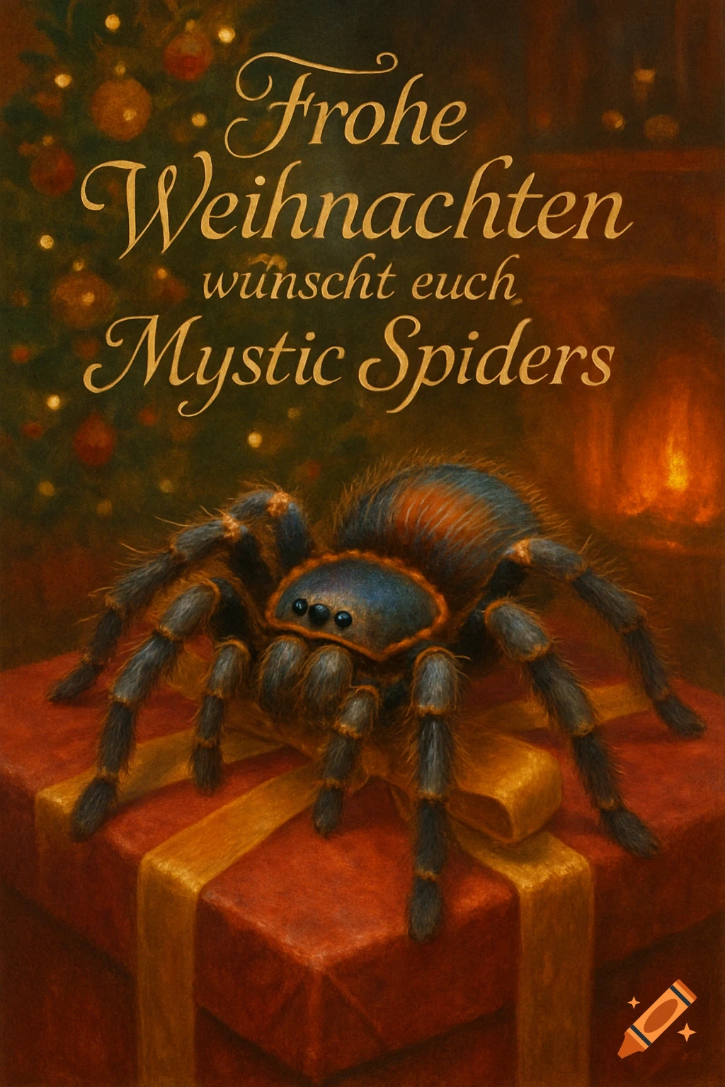 A tarantula on a red Christmas gift box, with a festive tree and fireplace. Text reads 'Frohe Weihnachten wünscht euch Mystic Spiders'.