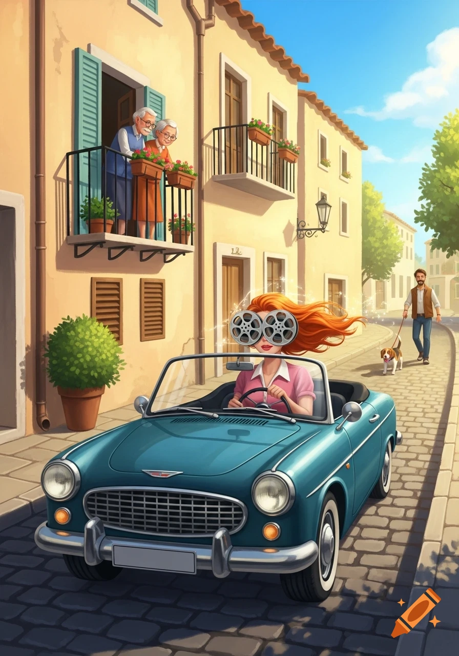 A cartoon woman with film reels for eyes drives a blue vintage convertible down a cobblestone street. An elderly couple watches from a balcony, and a man walks his dog in the background.