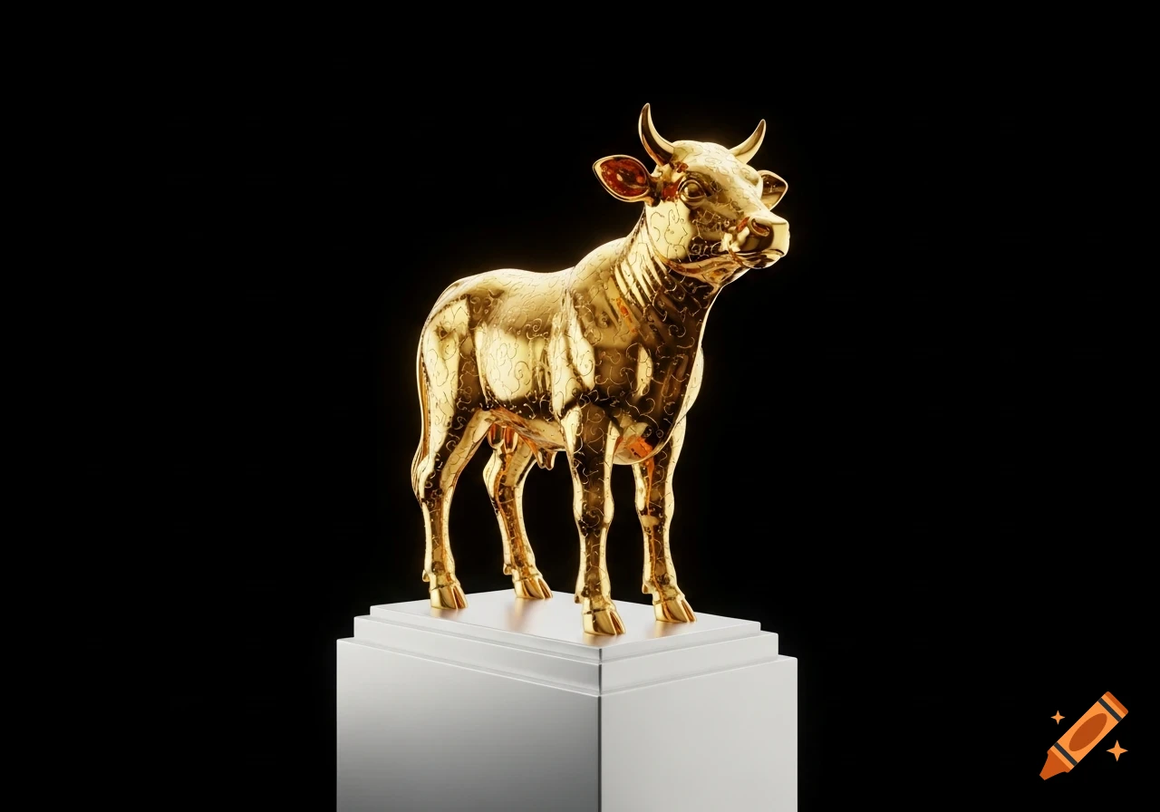 A detailed, golden statue of a calf with intricate patterns stands on a white plinth against a black background.