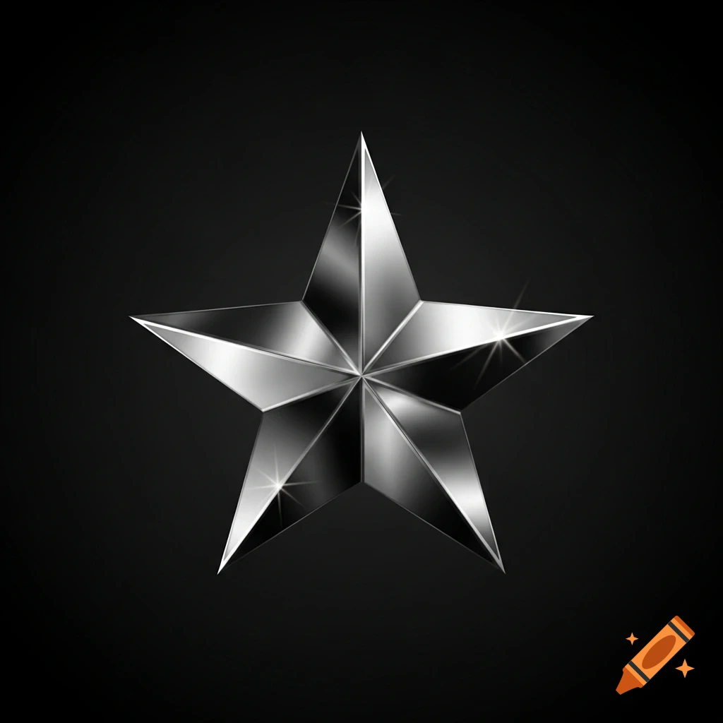 A shiny metallic five-pointed star with reflective surfaces against a dark gray background.