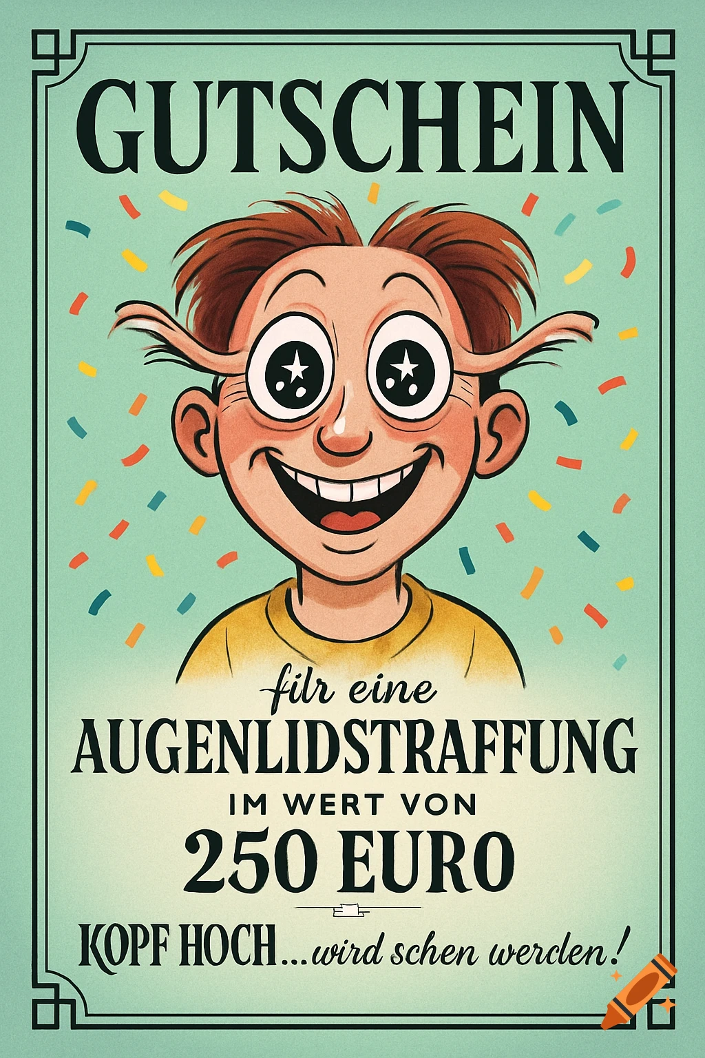 A cartoon voucher with a teal border shows a smiling boy with comically wide, star-filled eyes and stretched skin around them, with confetti in the background. German text reads 'Gutschein für eine Augenlidstraffung im Wert von 250 Euro. Kopf hoch...wird schen werden!'