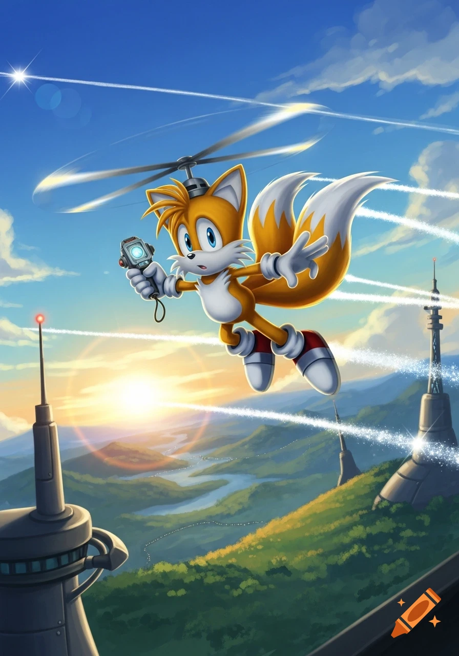 Tails the fox from Sonic the Hedgehog flies with a propeller pack over a vibrant sunset landscape with futuristic towers.