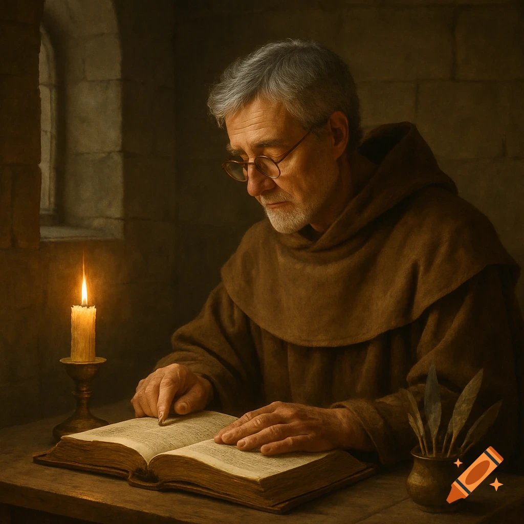 An elderly monk with grey hair and glasses reads an old book by candlelight in a dimly lit stone room, with quills nearby.