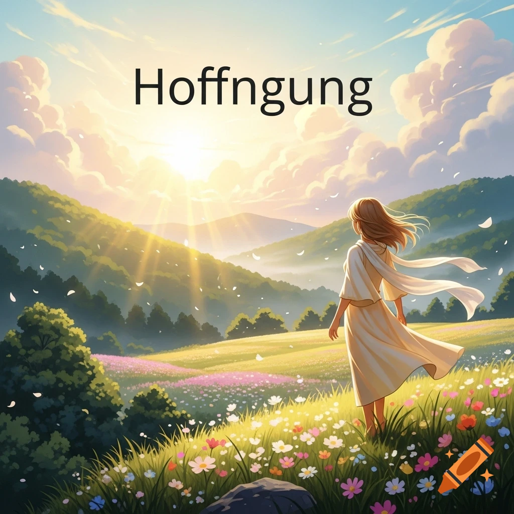 Woman in white dress in flower-filled meadow, gazing at bright sunrise over hills, with "Hoffnung" in the sky, digital art.