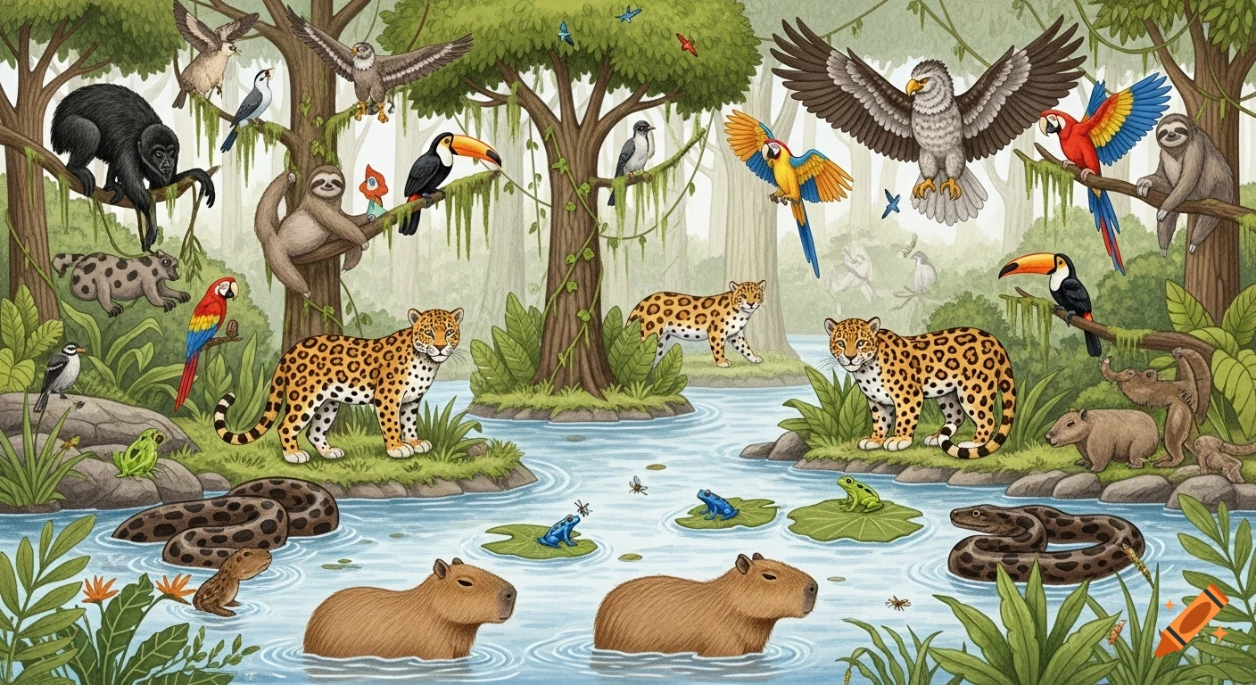 A colorful, illustrated Amazon rainforest and wetlands scene with jaguars, capybaras, sloths, macaws, toucans, and snakes by a river.