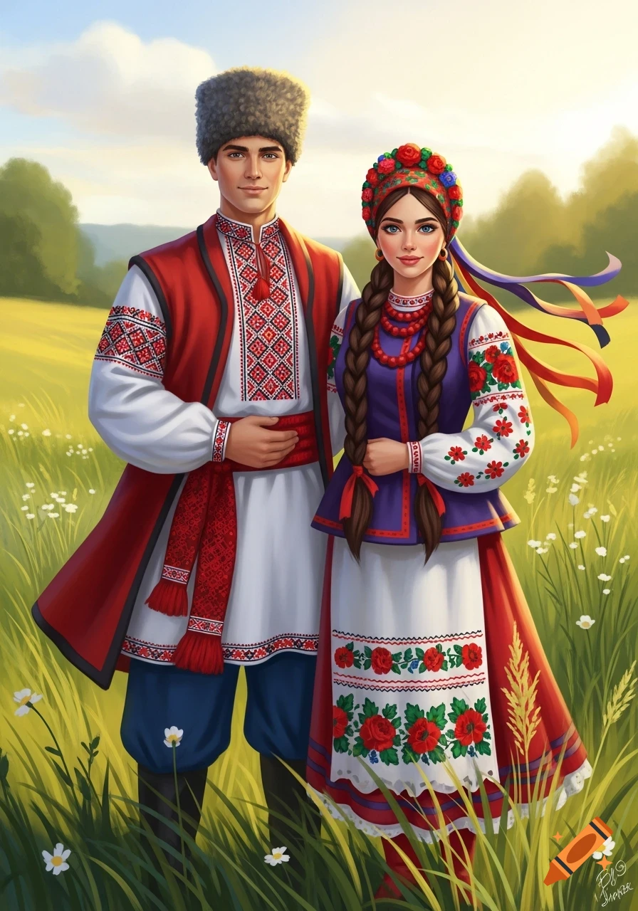 An illustrated Ukrainian couple in traditional embroidered clothing and hats stands in a sunlit field with wildflowers.