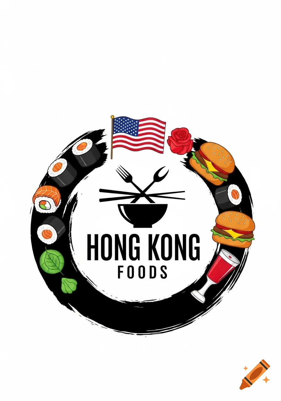 Cartoon logo with a black brushstroke circle, an American flag, sushi, burgers, a red rose, and a drink, surrounding the text "HONG KONG FOODS" and a bowl with cutlery.