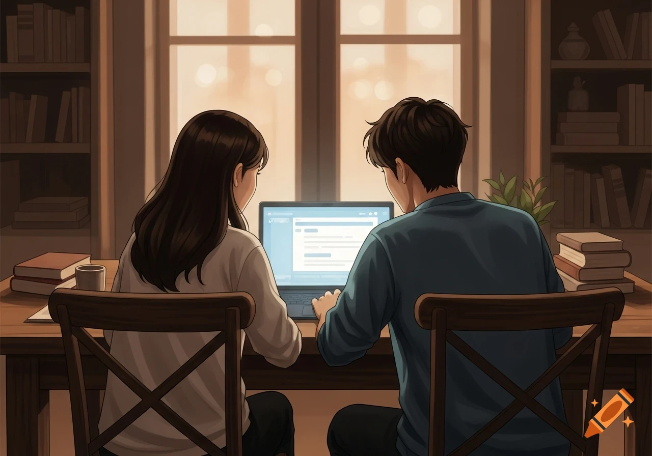 Two young people, a man and a woman, viewed from behind, sit at a wooden desk looking at a laptop screen in an anime style.