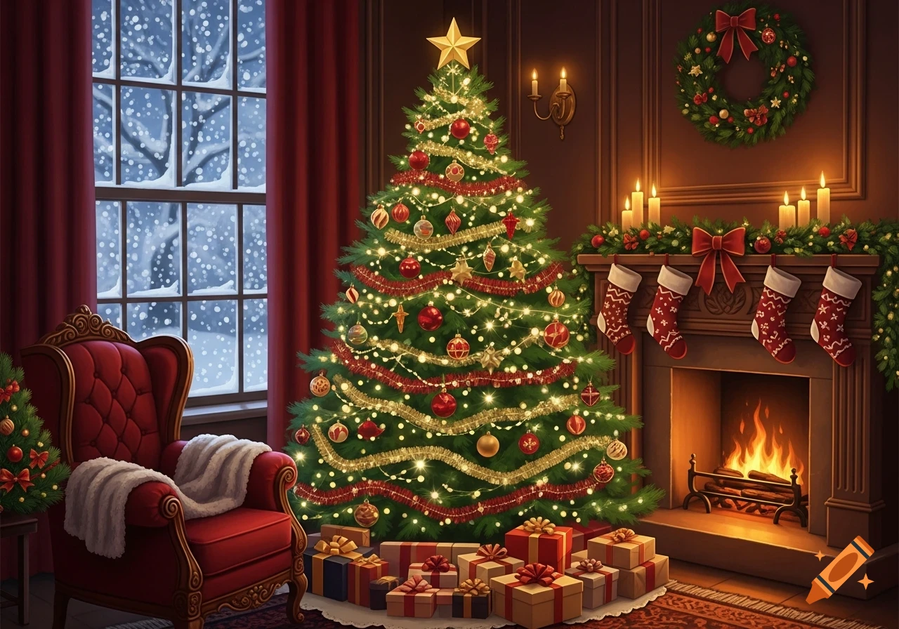 A cozy, festively decorated Christmas living room with a bright tree, fireplace with stockings, and a red armchair.