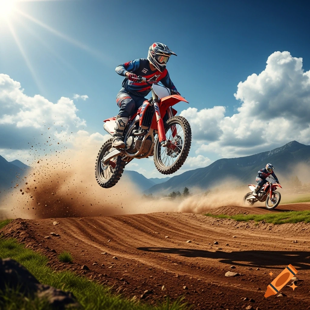A photorealistic image of a motocross rider airborne over a dirt track, with another rider in the background, under a bright blue sky and mountains.