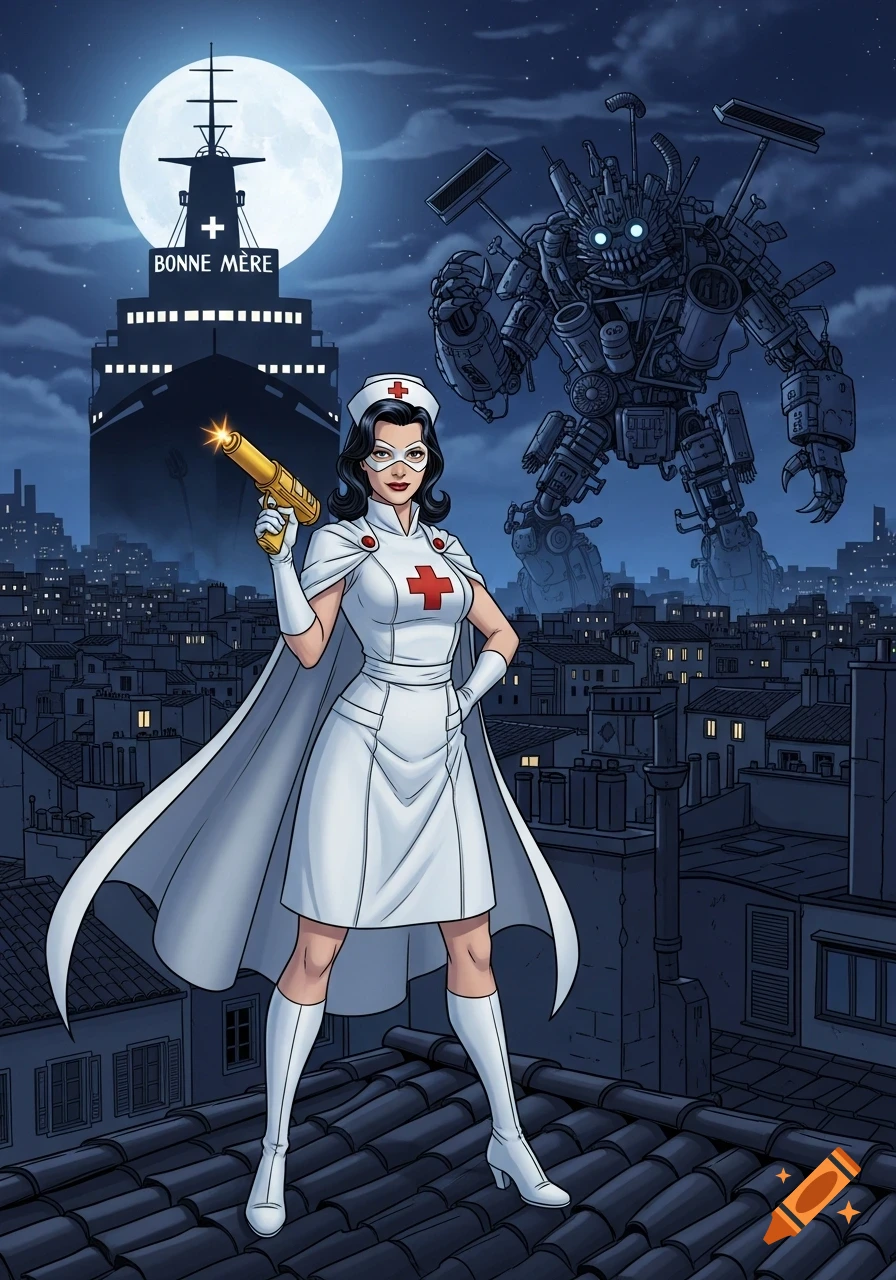 A comic book style superhero nurse in a white uniform with a red cross and cape holds a golden gun on a rooftop at night. A large monster and a ship labeled "BONNE MÈRE" are in the background under a full moon.
