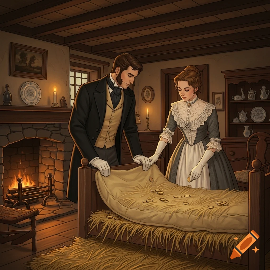 Victorian illustration of a man and woman putting coins under a straw mattress in a cozy cottage by a fireplace.