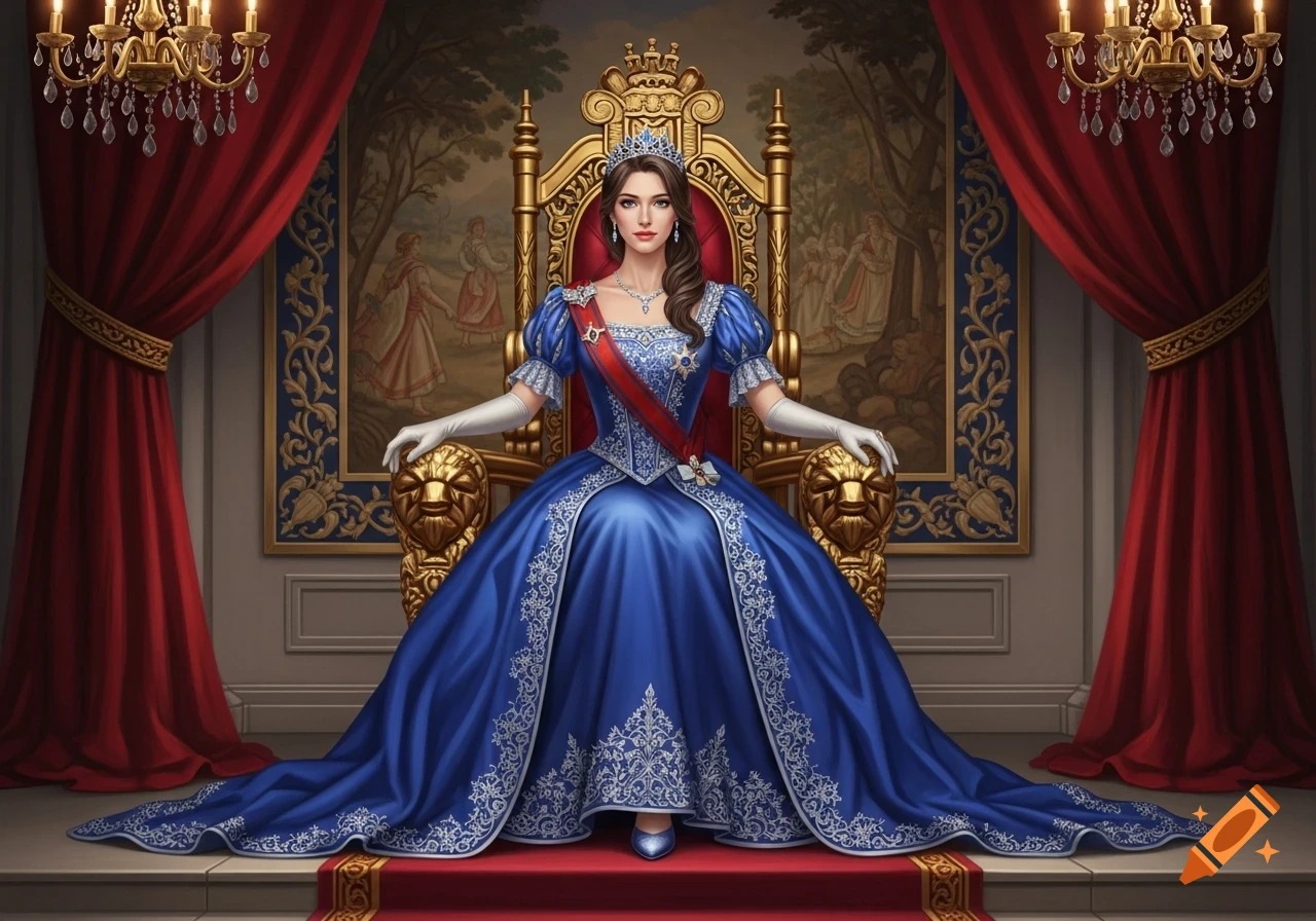 A queen in a blue gown, crown, and red sash sits regally on a golden throne in a lavish room with red drapes.