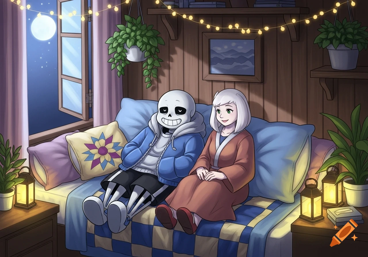Sans and an anime girl sit on a couch in a cozy room lit by string lights and moonlight coming through a window.