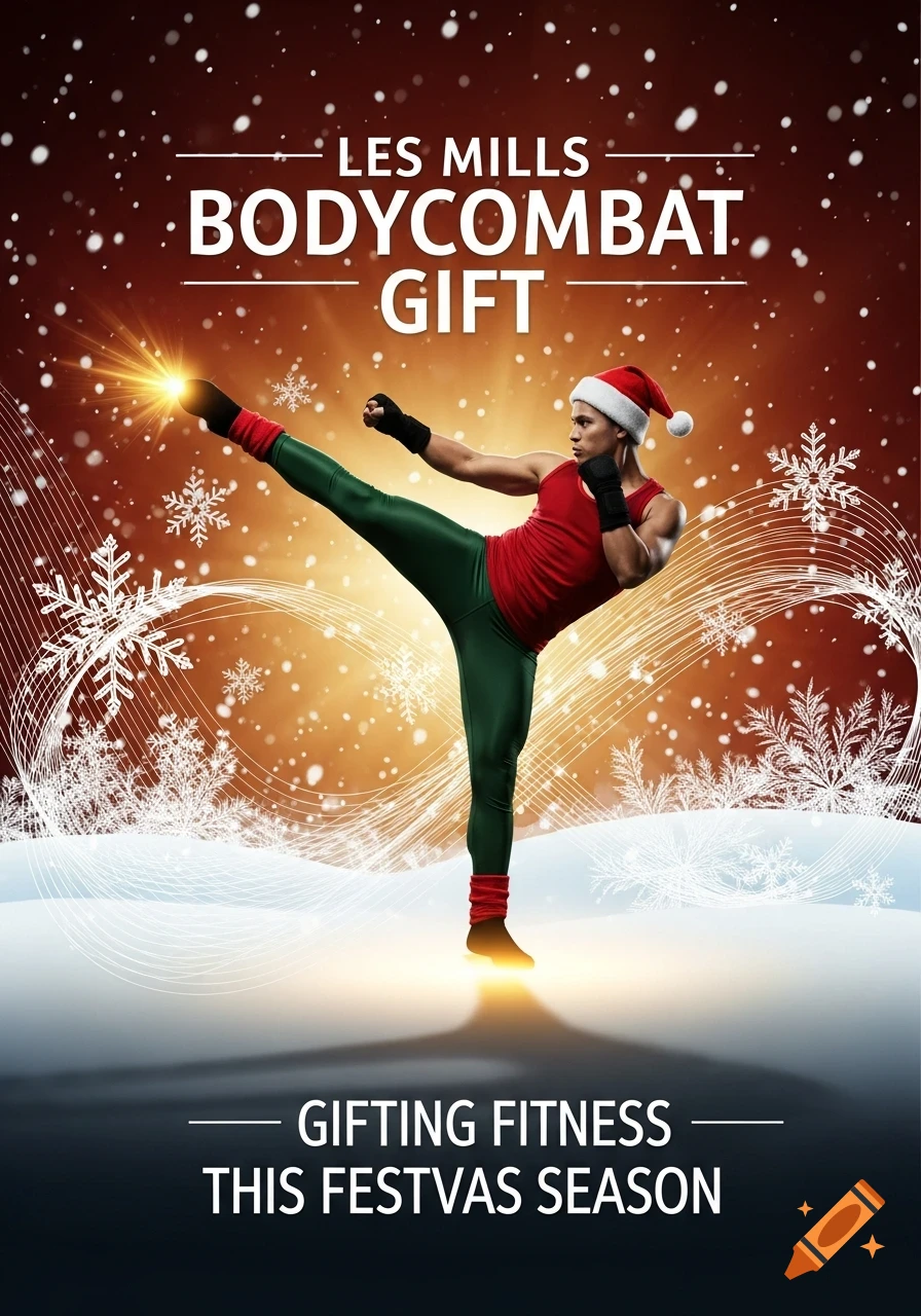 A person in a Santa hat and workout gear performing a high kick amidst falling snow, with text "LES MILLS BODYCOMBAT GIFT" and "GIFTING FITNESS THIS FESTVAS SEASON".