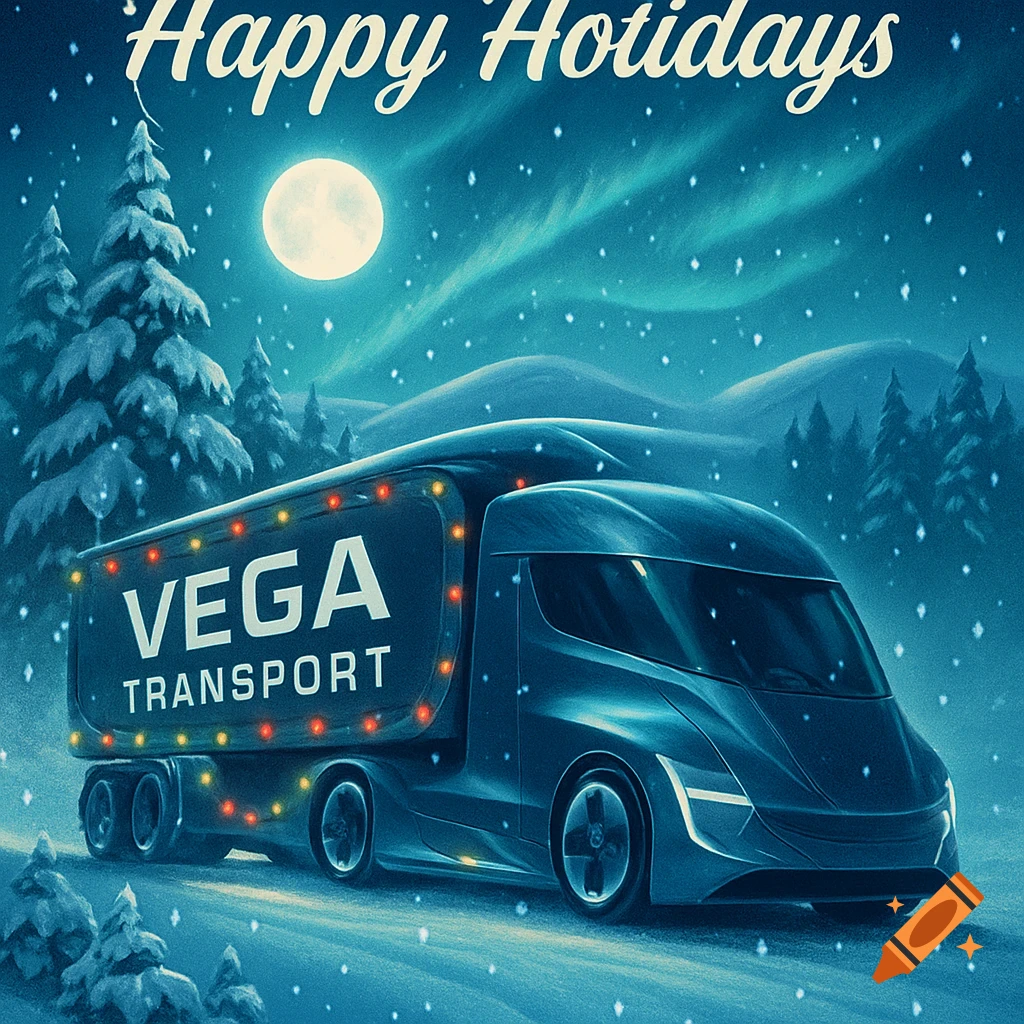 A futuristic dark blue semi-truck, decorated with Christmas lights and "VEGA TRANSPORT" on its trailer, drives through a snowy night landscape under a full moon and aurora, with "Happy Holidays" text above.