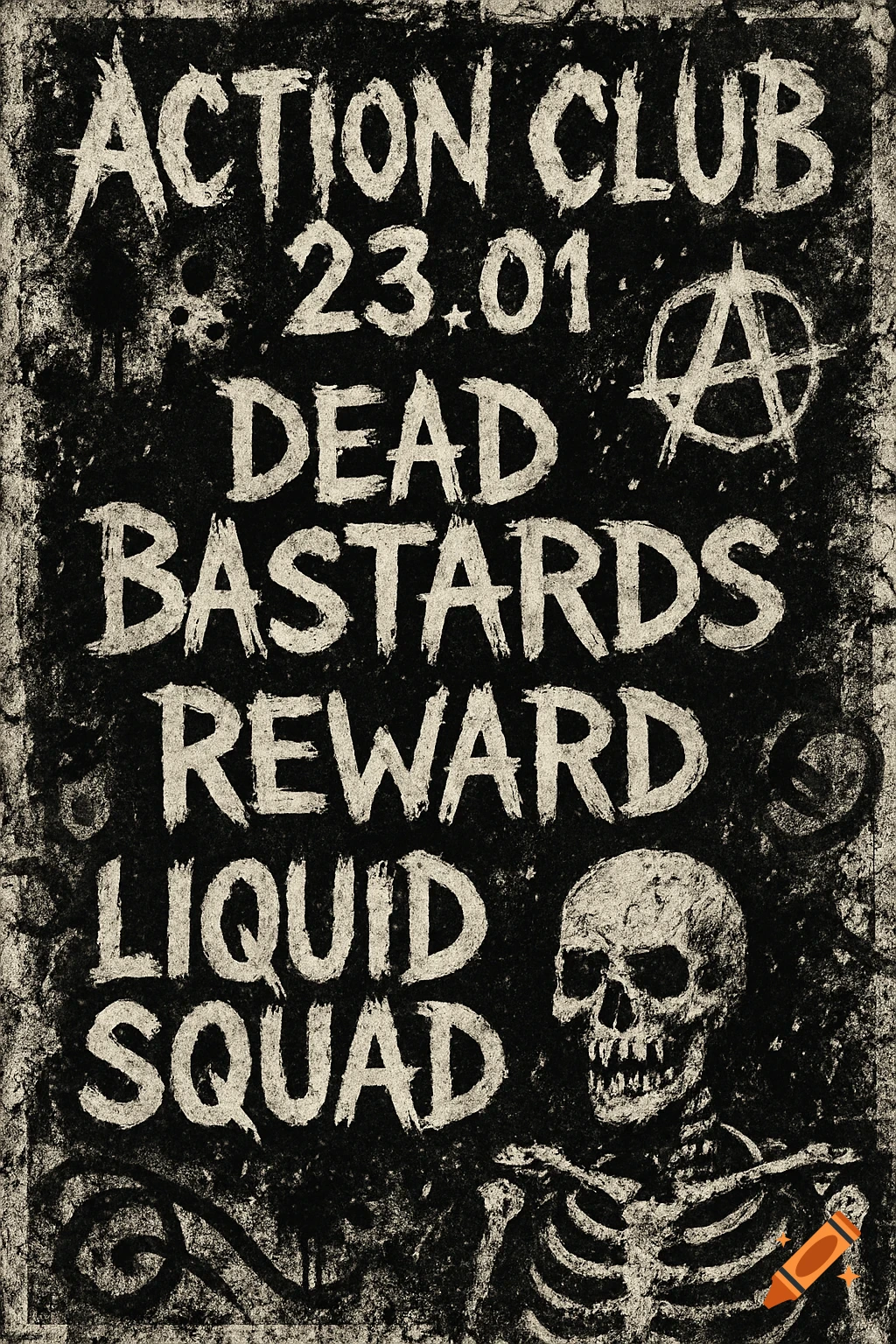 A distressed, black and white crust punk concert poster featuring a skeleton, the anarchy symbol, and band names.