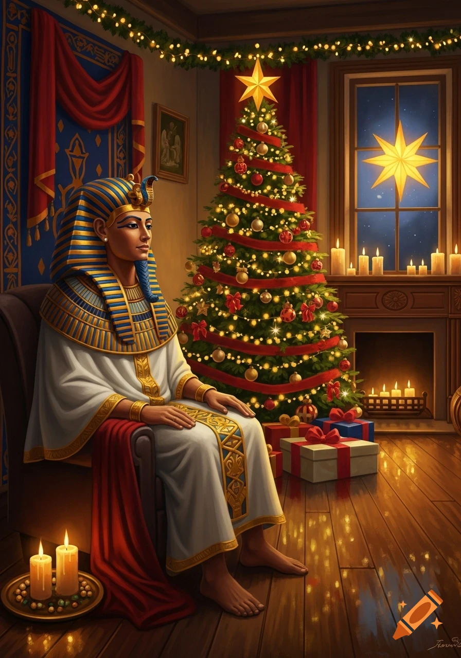 A pharaoh in a festive Christmas living room with a decorated tree, glowing star in the window, and wrapped gifts.