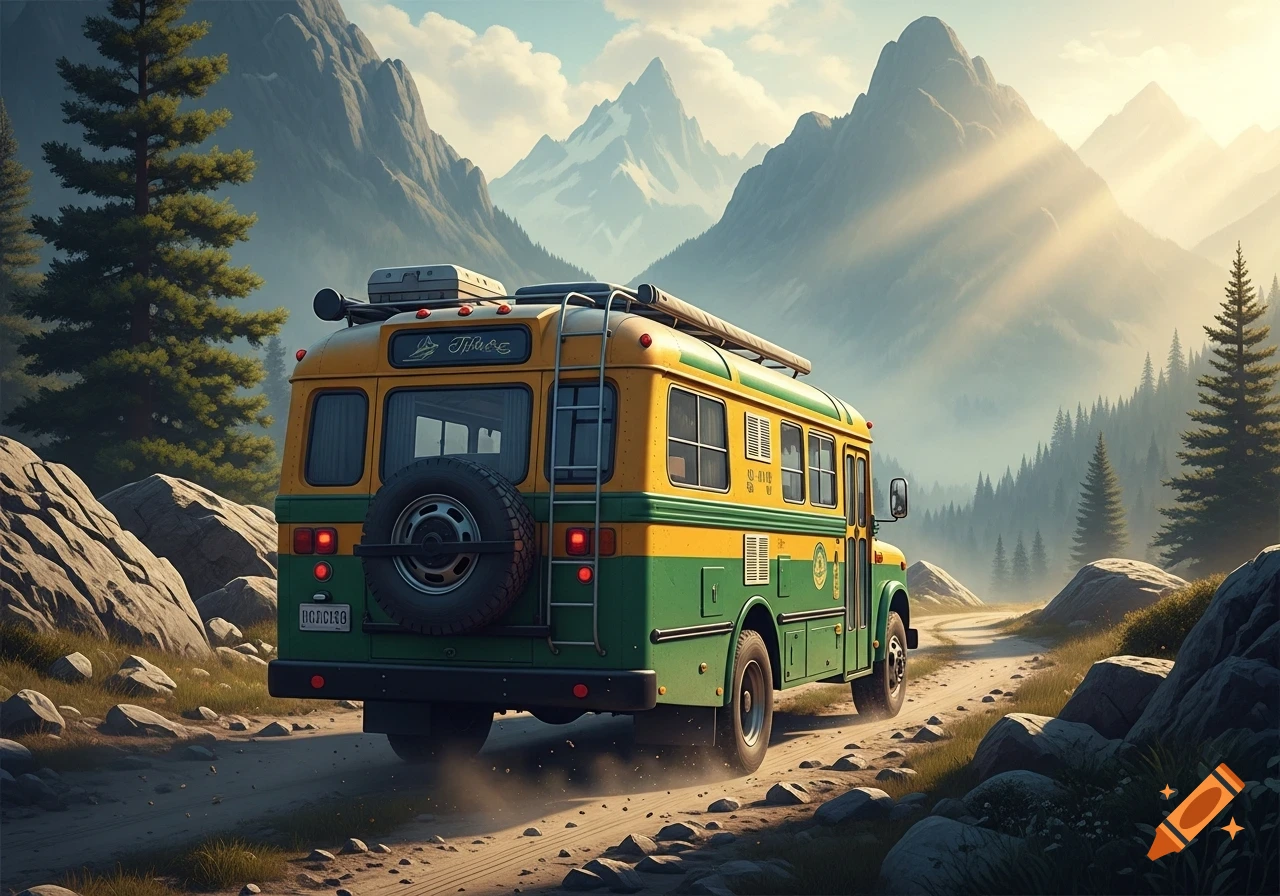 A green and yellow camping bus drives on a dusty dirt road through sunny mountains with pine trees.