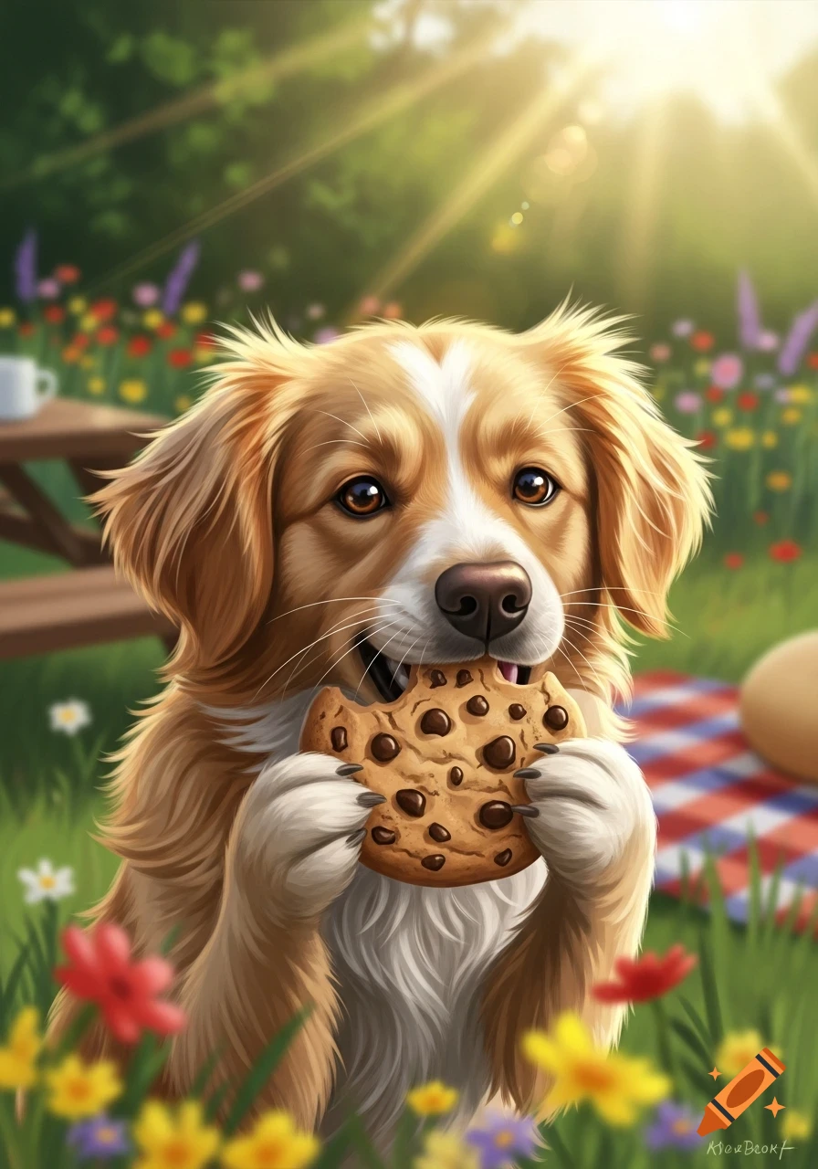 A fluffy brown and white dog happily eats a chocolate chip cookie in a sunlit field with flowers, digital art.