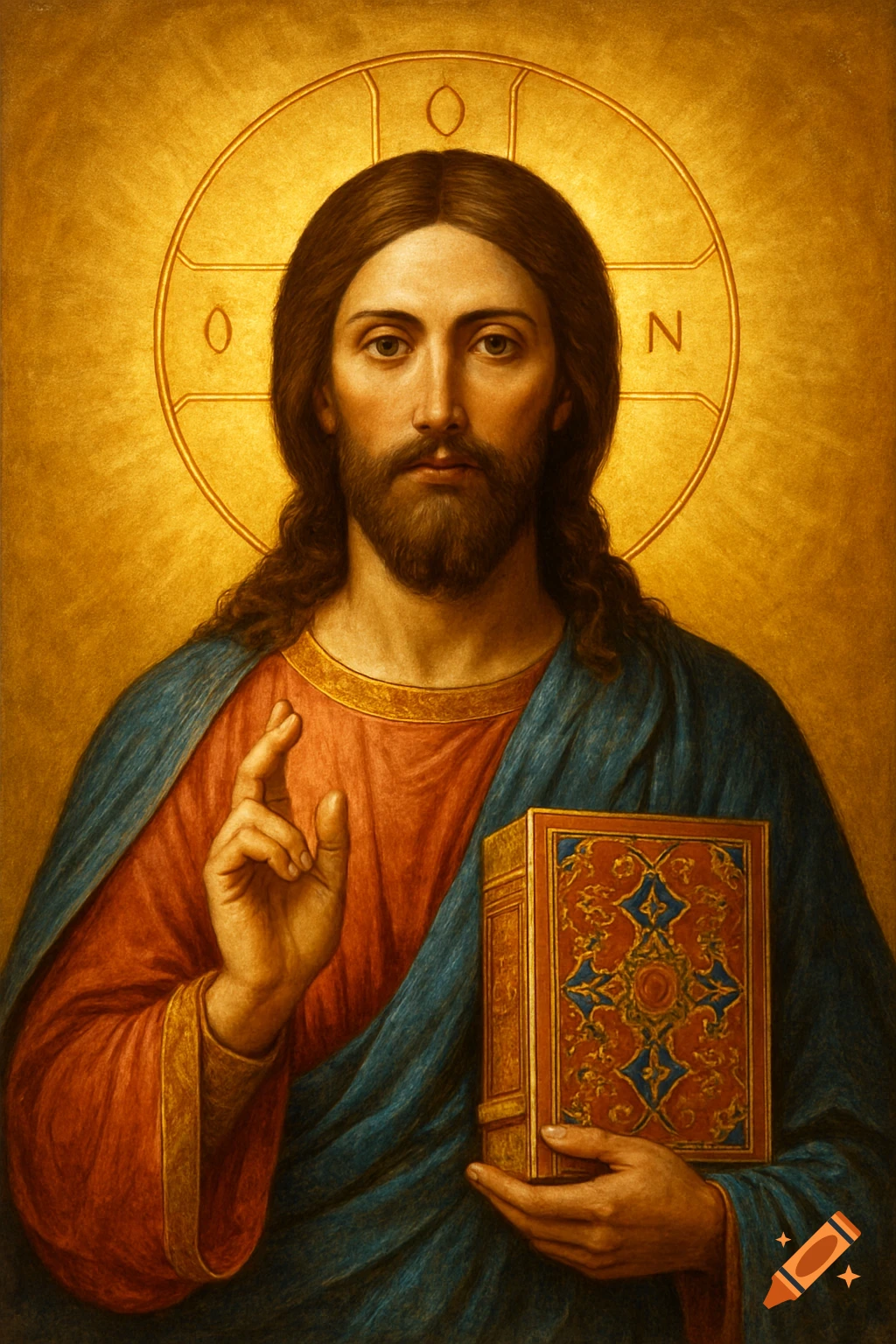 A classical painting of Jesus Christ Pantocrator, featuring him with a beard, long hair, and red and blue robes, holding a decorated Bible, against a golden background.