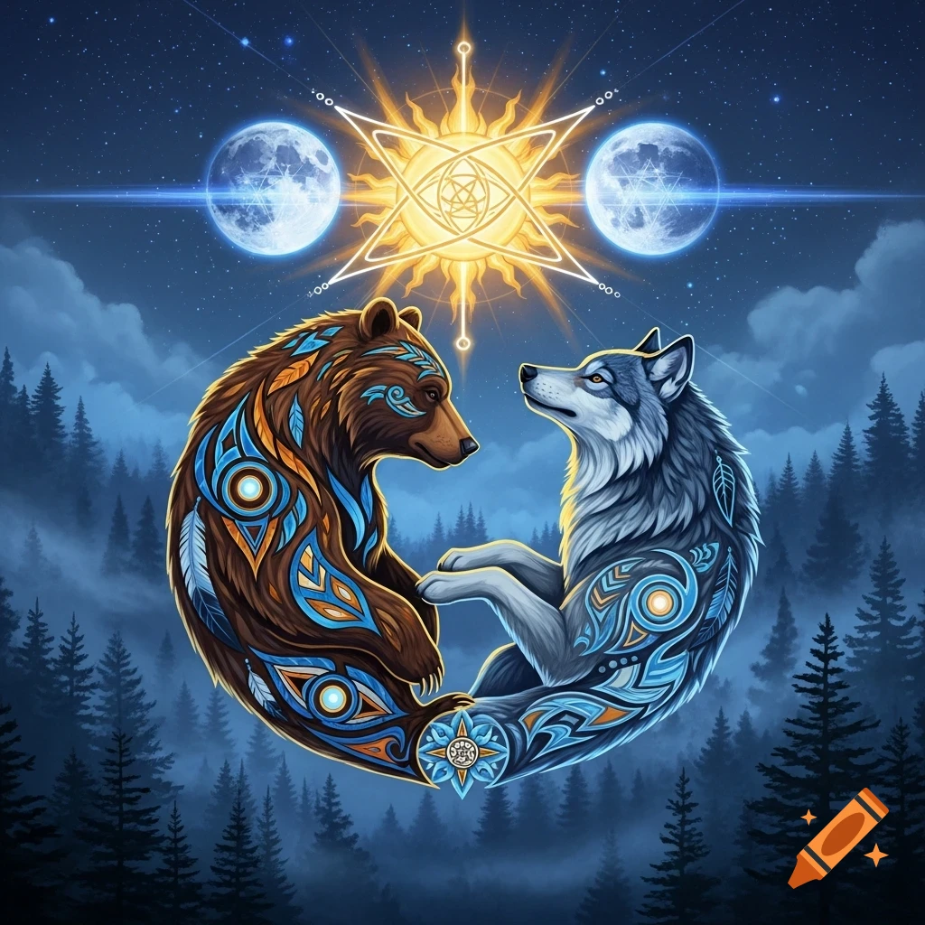 Ornate, stylized art of a bear and wolf intertwined in a yin-yang pose, under a starry sky with a central sun and two moons, above a forest.