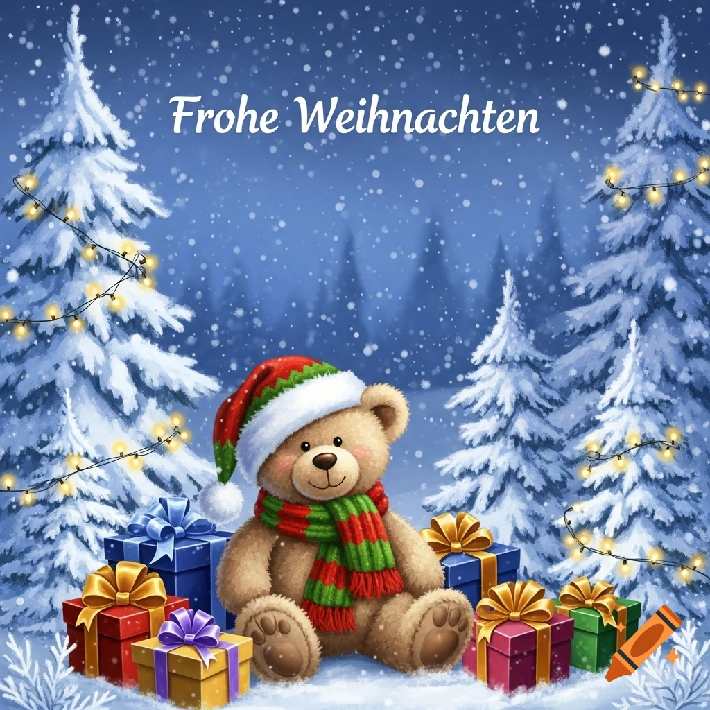 A festive teddy bear in a Santa hat and scarf sits in snow surrounded by Christmas trees and gifts, with falling snow and 'Frohe Weihnachten' text.