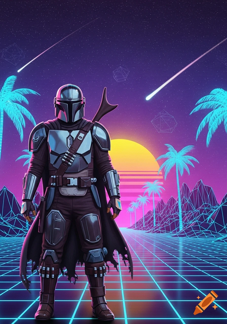 A Mandalorian in chrome armor stands on a glowing neon grid, flanked by vaporwave palm trees and a sunset with shooting stars.