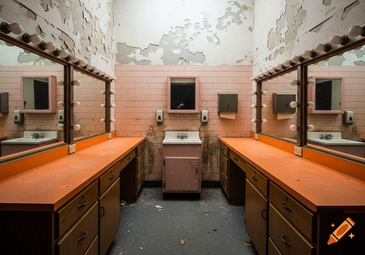 A desolate, abandoned dressing room with two long orange counters, vanity mirrors with unlit bulbs, and a central pink sink, all showing signs of decay and grime.