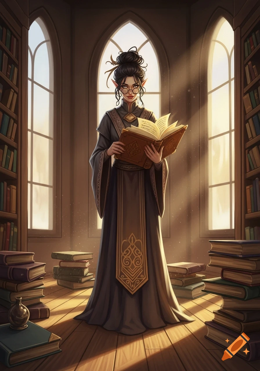 Elf Innkeeper An elf woman with dark hair and antique glasses reads an open book in a ...