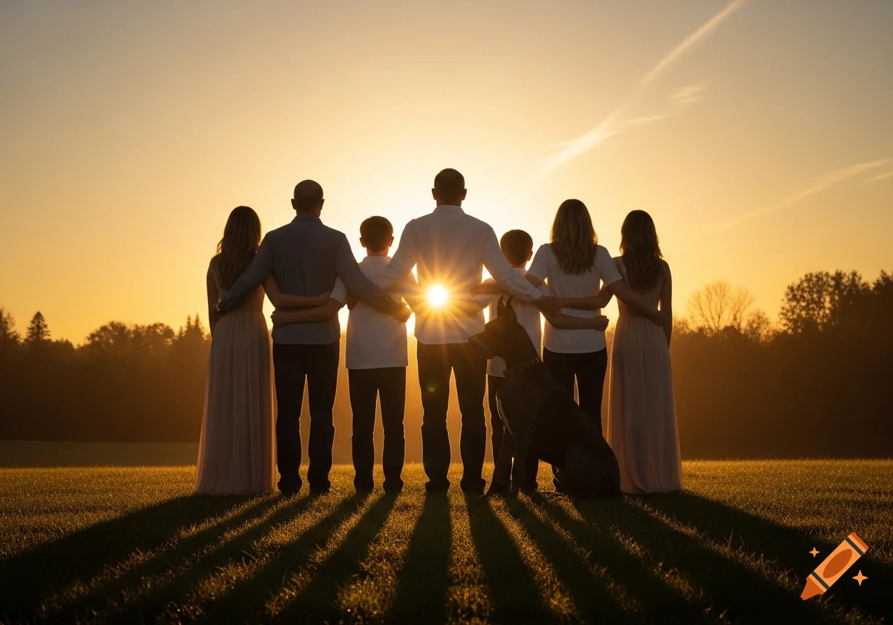 A silhouetted family, including parents, children, and a large dog, stand in a field facing a vibrant sunset.