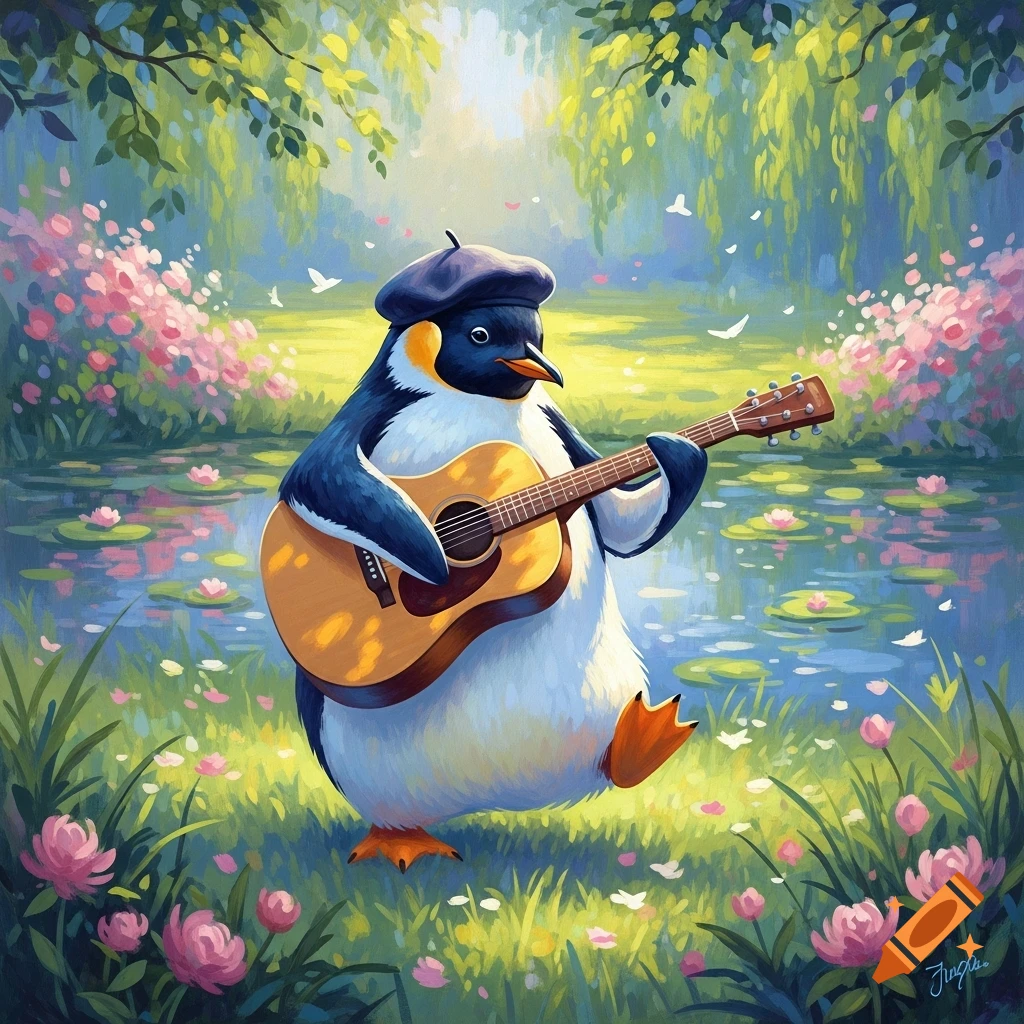A beret-wearing penguin plays a guitar in a vibrant, impressionistic garden filled with flowers and a pond.