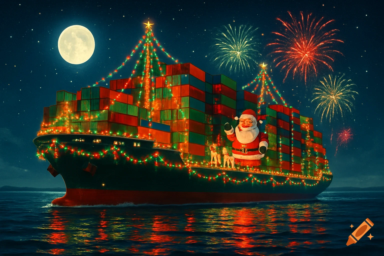 A decorated containership sails at night, adorned with Christmas lights, Santa, and reindeer, under a full moon with fireworks.